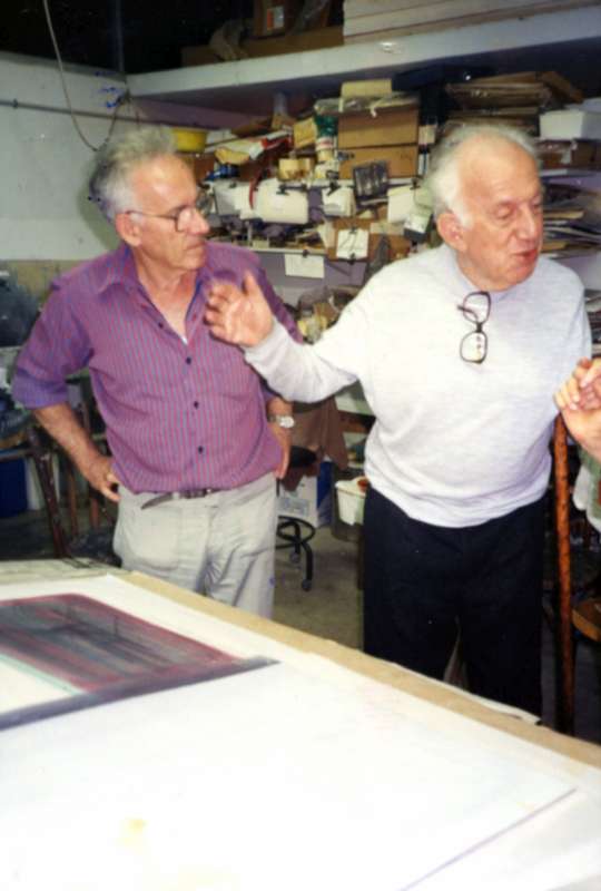 Franz Bernheimer with Moshe Kupferman, at Kupferman's studio, Lohamei HaGeta'ot